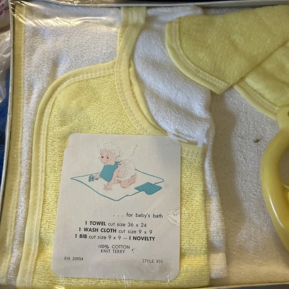 Vtg Baby Terry Bath Set Yellow White Towel Washcloth Bib Toy 100% Cotton USA